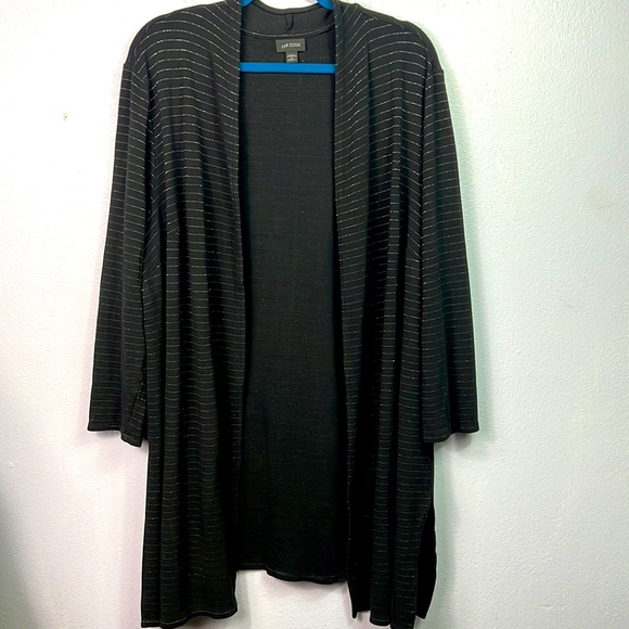 J. Jill Sweaters - J. Jill Wearever Black Silver Metallic Stripe Open Front Long Cardigan 3X